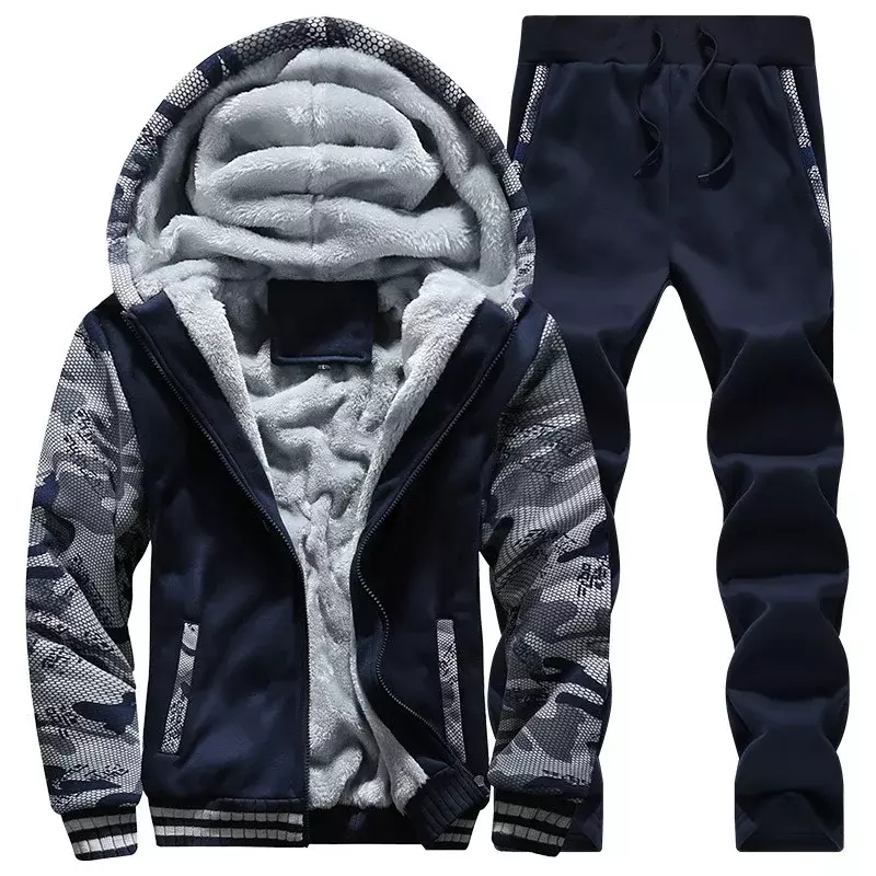 Chándal de lana para hombre, conjunto de ropa de calle, Sudadera con capucha gruesa de camuflaje, chaqueta masculina de retales, 2022