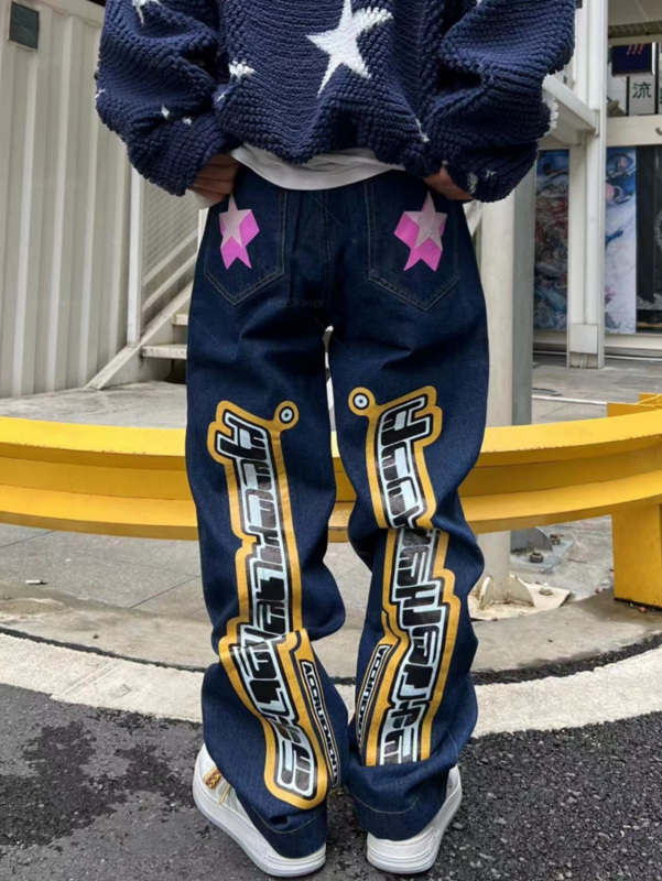Harajuku Estrela impresso calças de brim dos homens do Hip hop street wear moda Y2K das calças de brim Dos Homens jeans reta calças perna larga ocasional Americano