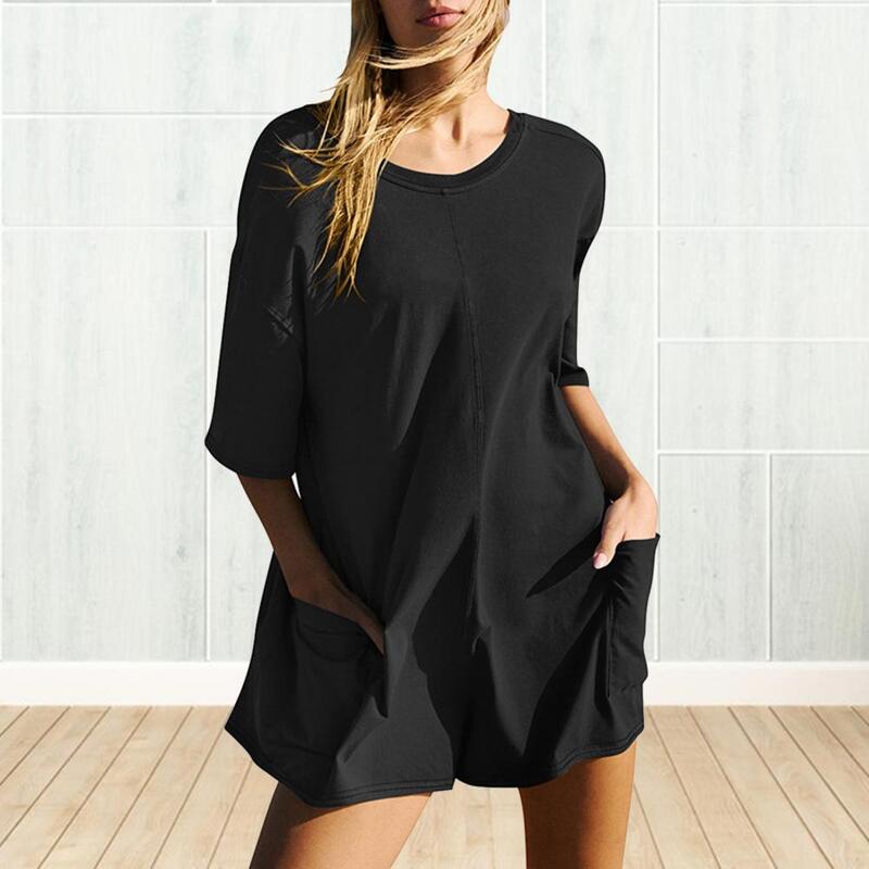 Daily Romper with Side Pockets Short Sleeve Romper Stylish Summer Women's Romper with Deep Crotch Big Pockets for Comfort