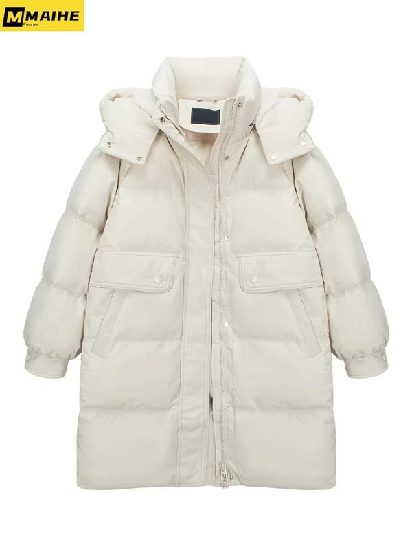 Casaco com capuz de pato branco grosso de comprimento médio feminino, jaqueta Windproof, Luxo, Coreia do Sul, novo, inverno