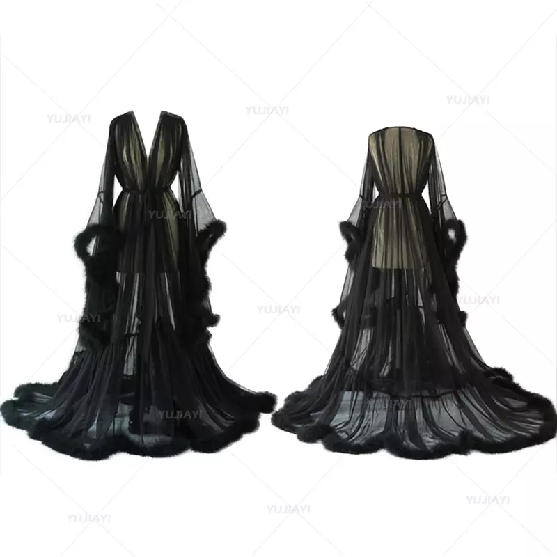 Модный меховой халат, женский халат с перьями, длинный свадебный халат из тюля с иллюзией, ночная рубашка, одежда для сна