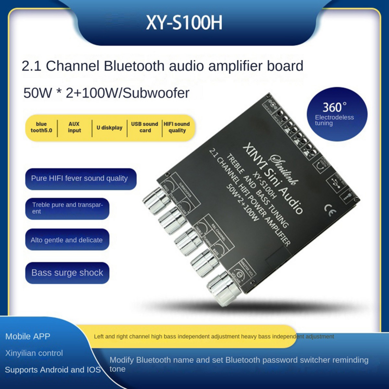 BluetoothアンプボードXY-S100Hチャンネル,tp3116d2,50w x 2 2.1 w,高出力サブウーファー,bt5.0オーディオモジュール,DC 5-26v