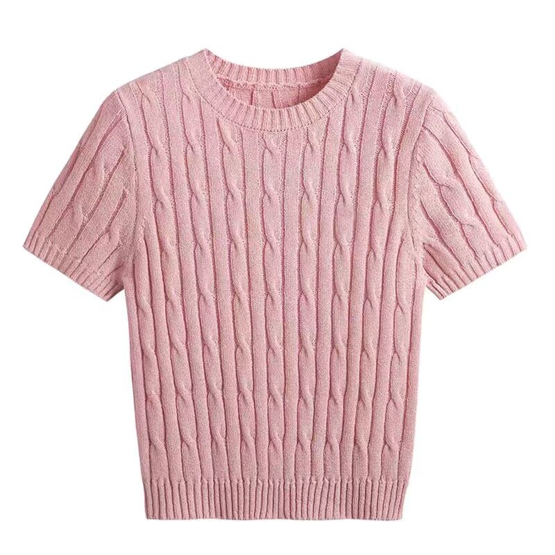Top de punto bordado Vintage para mujer, Camisa lisa de manga corta con cuello redondo, estilo elegante, novedad de verano 2024