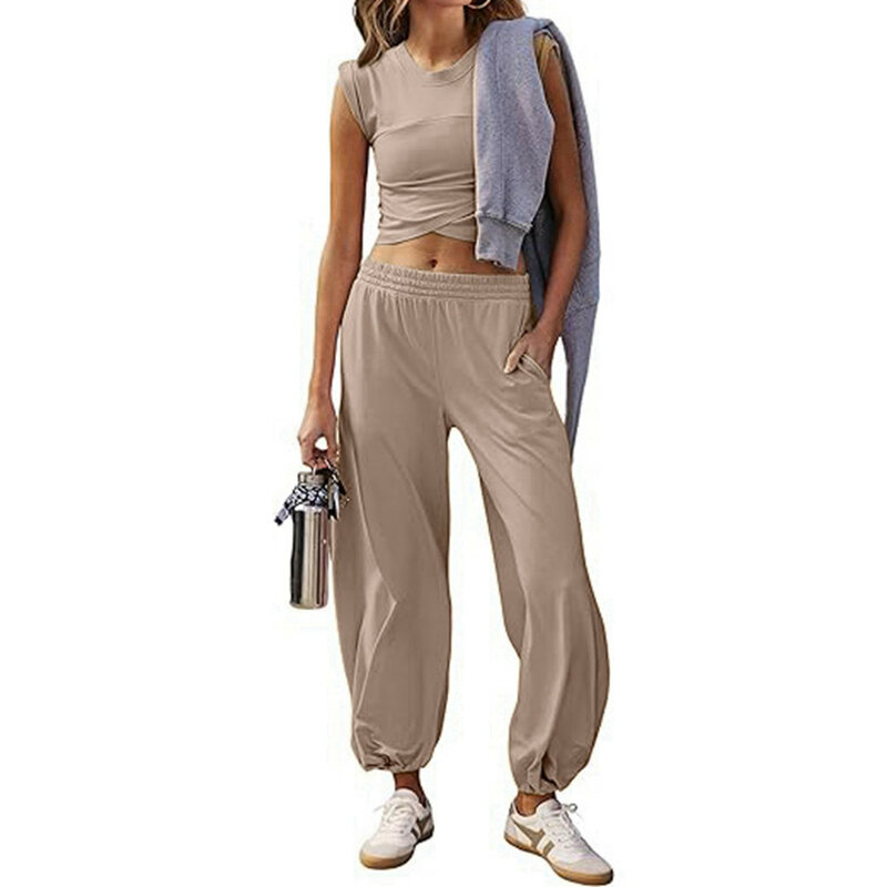 ชุดวอร์มผู้หญิงชุดครอปแขนกุด + กางเกงฮาเร็มเซ็ต2ชิ้นกางเกงขายาวเอวยางยืดลำลอง