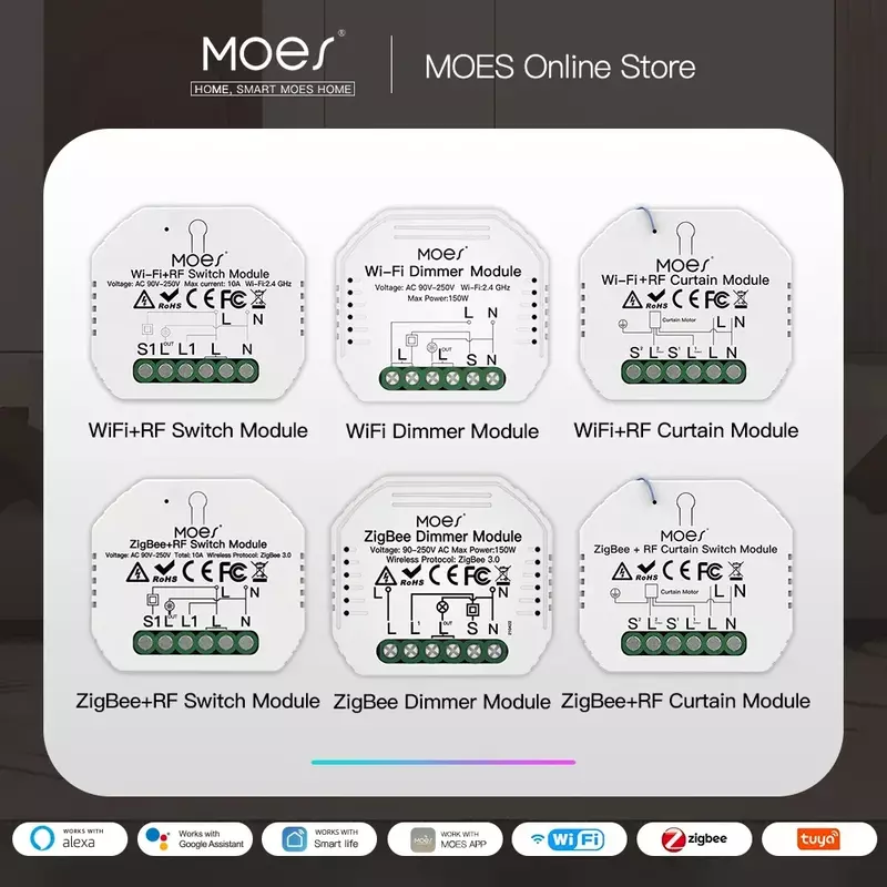 Умный модуль переключателя MOES ZigBee с Wi-Fi, диммер для занавесок, дистанционное управление с помощью приложения Smart Life, Alexa Google Home, Голосовое управление