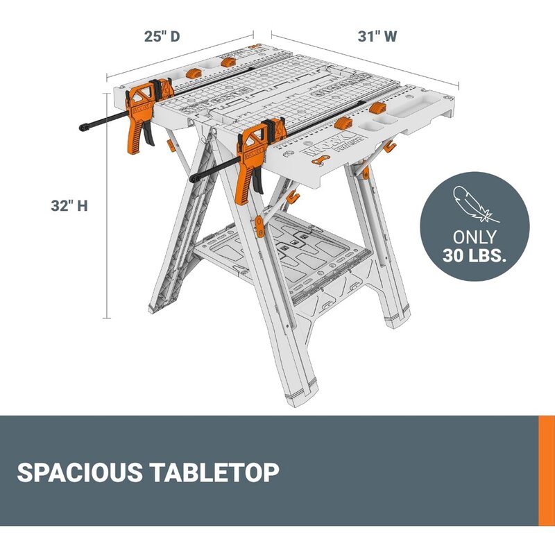 Worx Pegasus 2-in-1 Folding Work Table & Sawhorse, Easy Setup Portable Workbench, 31" W x 25" D x 32" H Lightweight Worktable