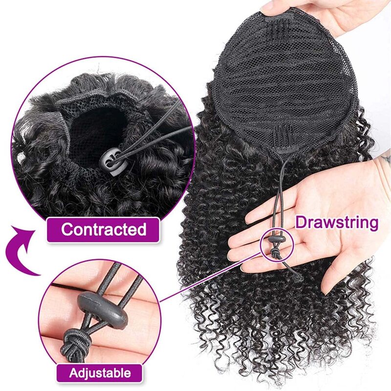 黒人女性のための巻き毛の巾着ポニーテール、自然なヘアエクステンション、レミー、グレード、ブラジルのクリップ、ポニー1b