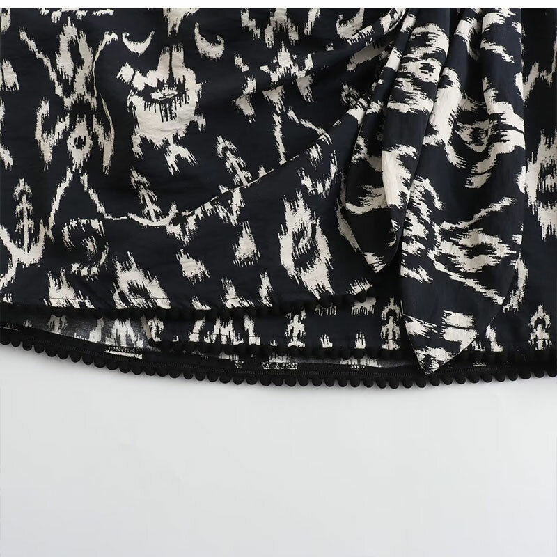 TRAF Printed Mini 2024 Spring/Summer Daily Leisure Simple and Fashionable Fashion Knot Decoration Hem Tassel Fabric