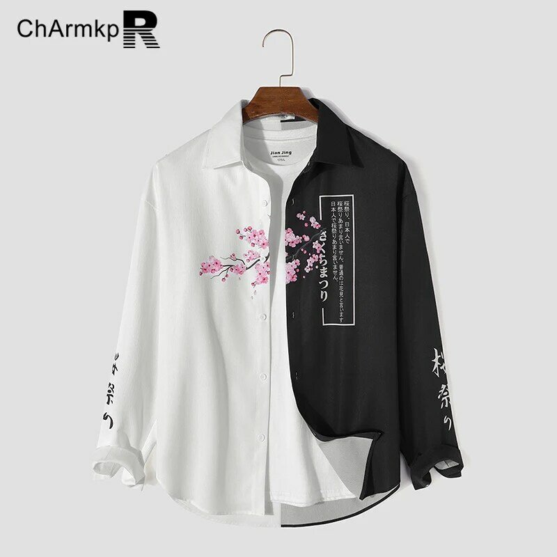 Fashion 2024 ChArmkpR Summer Shirt MEN Clothing Lapel Long Sleeve Shirts Streetwear Print Patchwork Camisas Outfits Tops