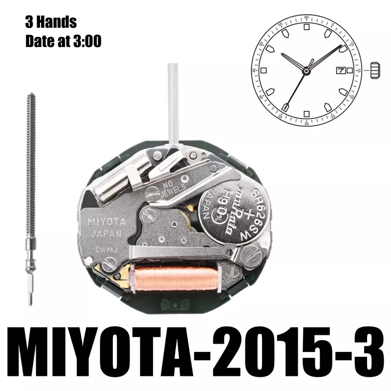 Miyota 2015 Standaard | Bewegingen Miyota Quartz Horloge Uurwerk Cal.2015, 3 Handen Datum Op 3:00/6:00 Grootte: 6 3/4 × 8 '''' Heigh:4.15Mm