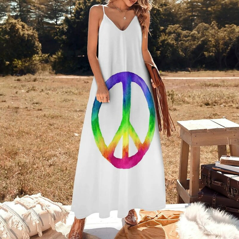 Vestido sin mangas con estampado de acuarela para mujer, traje elegante con estampado de arcoíris, signo de la paz, verano, 2023, 2023