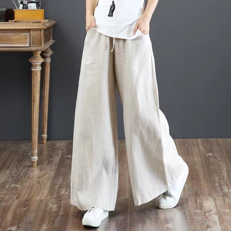 Pantalones coreanos de lino y algodón para mujer, pantalón holgado de pierna ancha y cintura alta, Color liso, primavera y verano, 2024