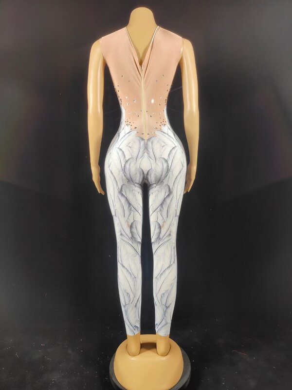 Cristalli ali angelo tuta piuma bianca 3D stampato body Nigthclub cantante Dance Outfit strass Stage pagliaccetti Tianshi