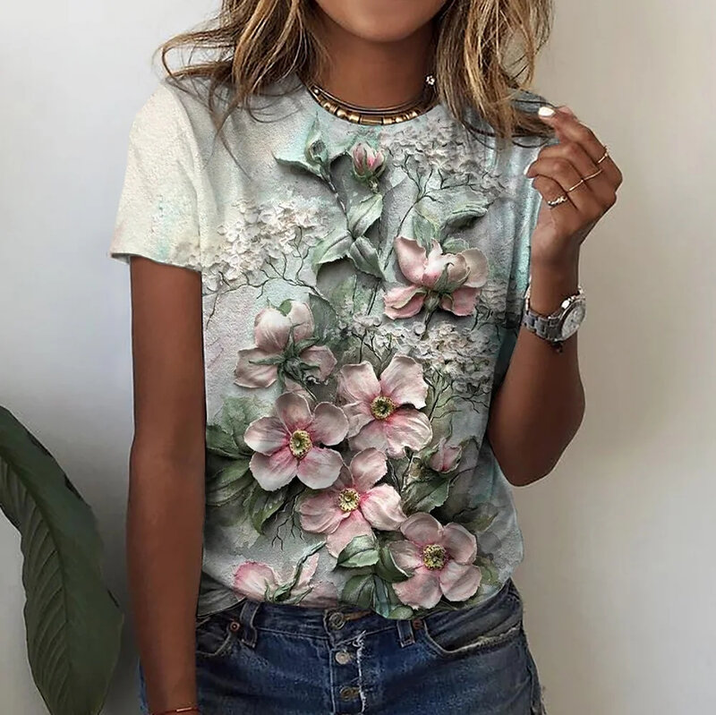 Camisetas con estampado Floral para mujer, remera con estampado Floral de plantas, ropa básica para mujer, jersey de gran tamaño 2023