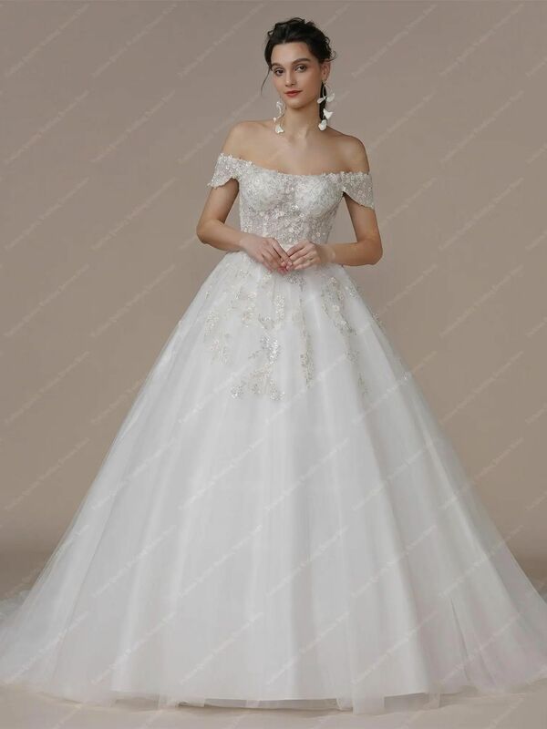 Gaun pengantin Tulle berkilau klasik gaun pesta Formal bahu terbuka A-Line terbaru gaun pel lantai payet berkilau