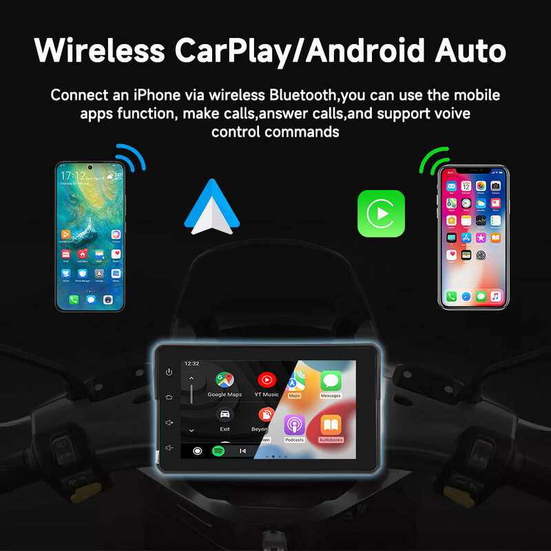 Motocicleta GPS Navegação Multimedia Player, CarPlay sem fio, Android Auto, IPX67 tela à prova d'água, Bluetooth, pneu pressão 4,8"