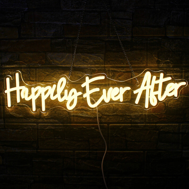 Enseigne au néon Happy Ever After, lumières LED, blanc chaud, lettre, décoration murale de chambre, mariage, fête de mariage, bar, décor de chambre, cadeau