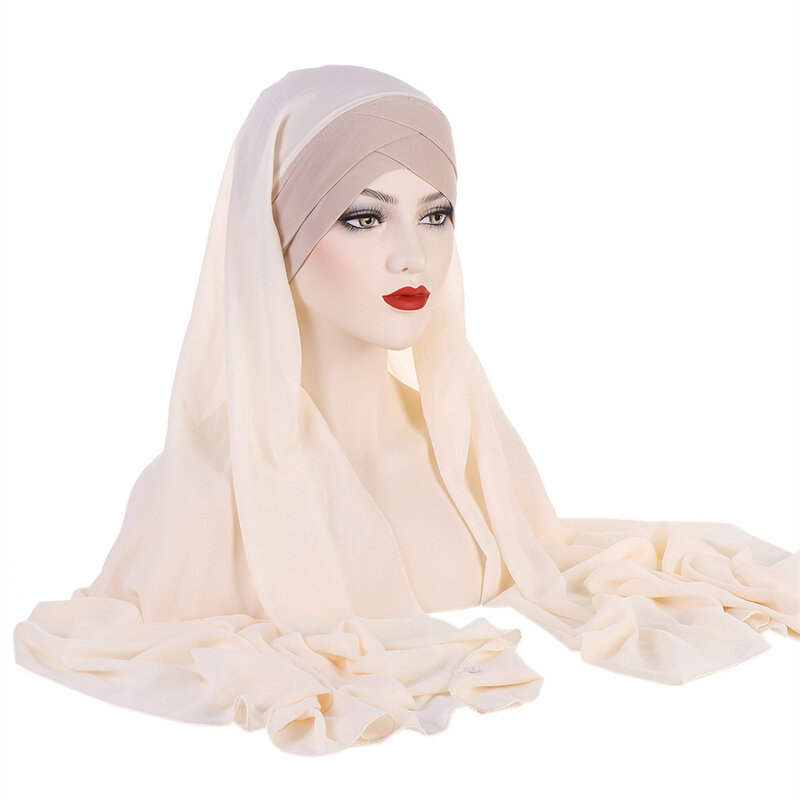 Instant Hijabs Chiffon Sjaal Met Cross Jersey Caps Muts Moslim Vrouwen Tulband Een Stuk Amira Pull-On Dragen Klaar Sjaal Hoofddoek