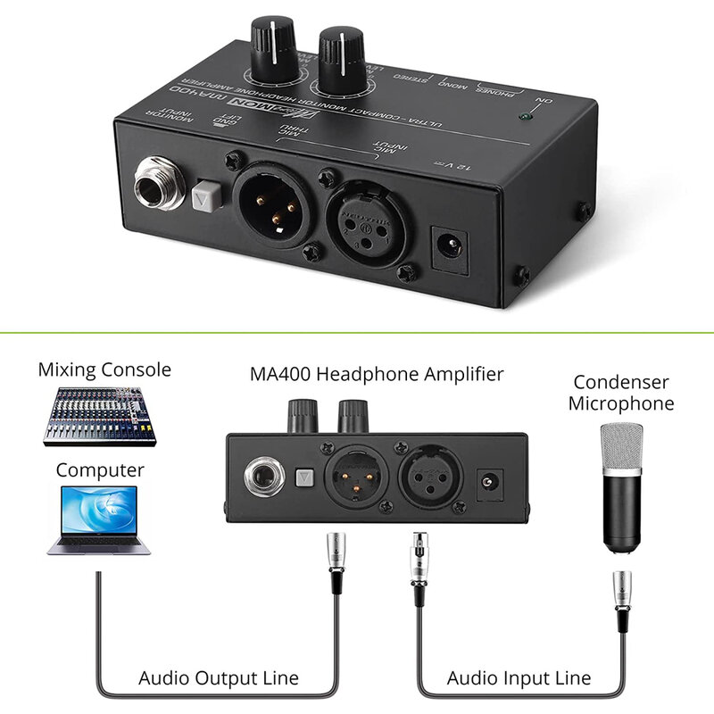 MA400 Headphone Preamplifier 6.35mm & 3.5mm Headphone Monitor mikrofon memperbesar Mixer cocok untuk pidato/Live Streaming