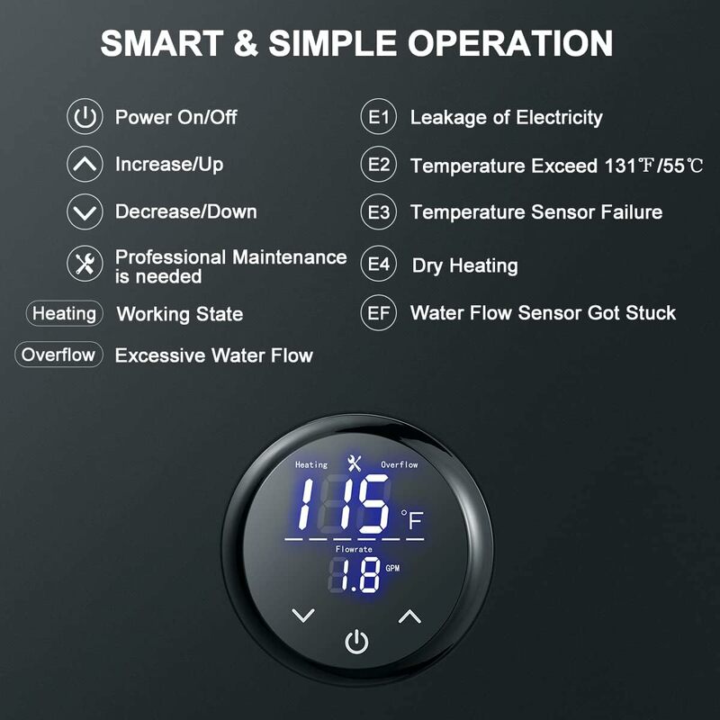 Calentador de agua eléctrico sin tanque, dispositivo de 6,5 kW y 240V, con pantalla Digital, color negro