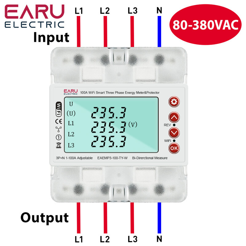 3 Phase 380V 100A Tuya WiFi Smart Bi-Directional Energy Power kWh Meter Over Under Voltage Protector Relay Switch Current Limit