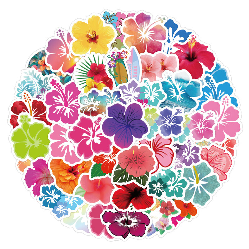 Stiker bunga Hibiscus 10/60 buah, stiker grafiti Hawai Hibiscus untuk bagasi DIY, stiker papan seluncur sepeda motor