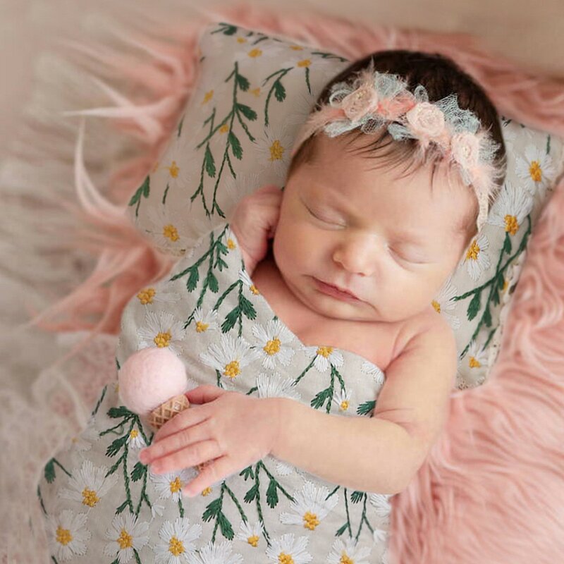 Recém-nascido malha tecido Floral Wrap Pillow Set, Baby Wrap Set para Photo Shoot, 2023