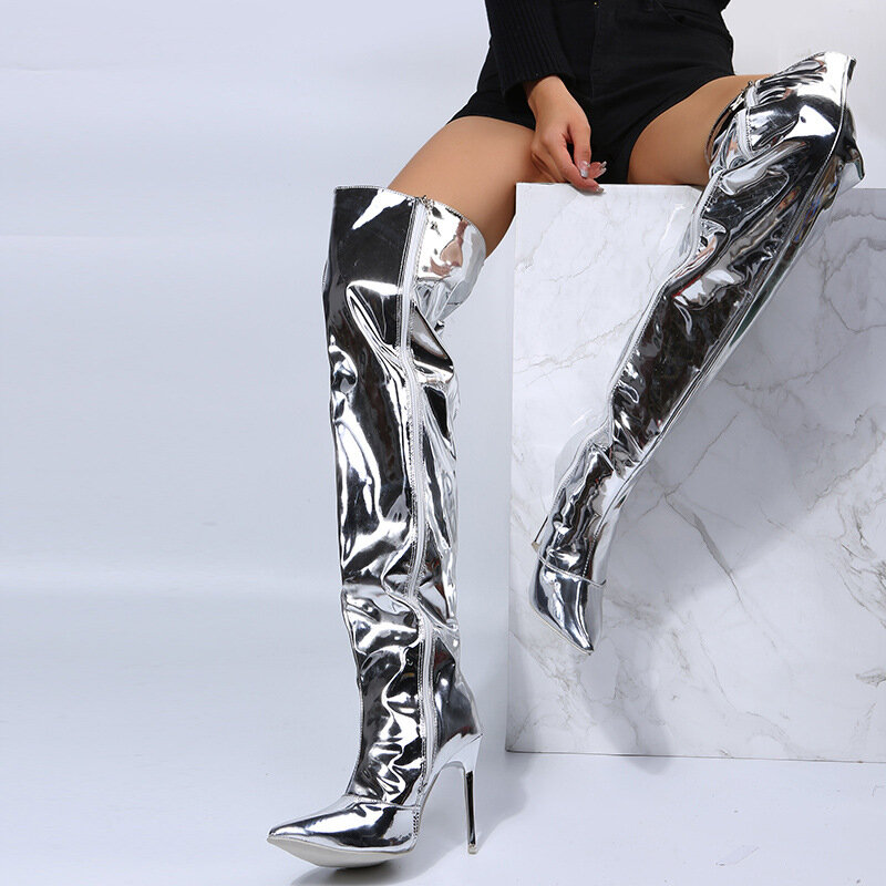 Super High Heel Mirror Pu Nightclub Party Sexy Fashion European and American Trend New Four Seasons Over The Knee Women's Boots
