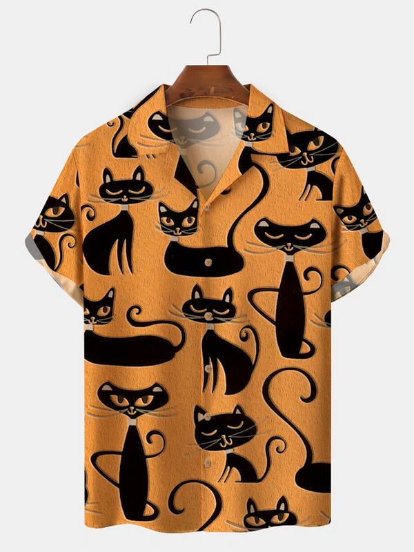 남성 할로윈 요소 고양이 프린트 캠프 칼라 스플라이싱 디자인 루즈핏 반팔 펑키 하와이안 셔츠, 남성용
