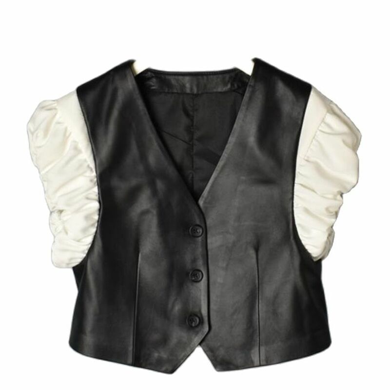V-neck puff sleeve genuine leather vest for women sheepskin patchwork design short waistcoat sleeveless jacket Y4178
