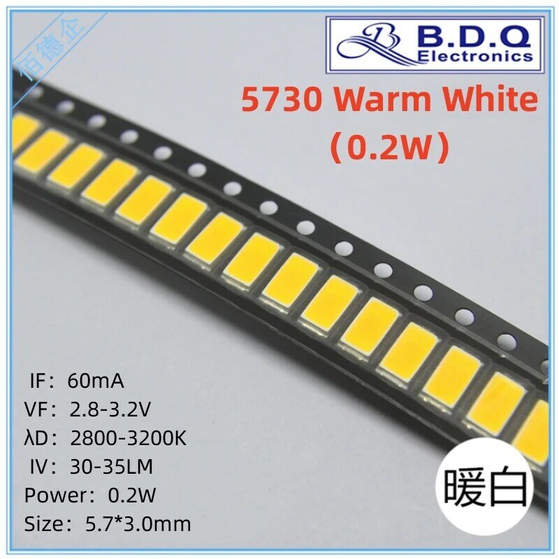 100pcs SMD LED 5730 Branco Quente 0.2W 2800-3200K Lâmpada LED Beads Tamanho 5630 Diodo emissor de luz de alta qualidade brilhante
