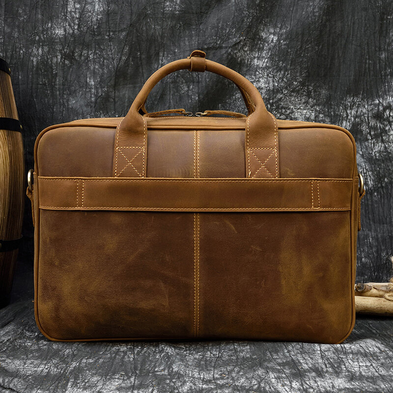 Men Business Briefcase Crazy Horse Genuine Leather Shoulder Portfolio Laptop Bag Fashion Document Bag Cow Leather Office Handbag