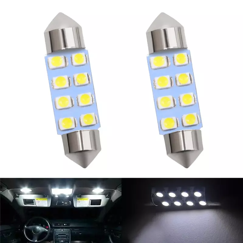Lampes de lecture LED à double pointe, lampe de porte feston breton, ampoule de queue de décoration, 2X, 31mm, 36mm, 39mm, 41mm, DC12V, T10, blanc, 3528, 8SMD