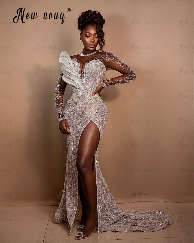 Vestido de noiva africano com fenda lateral frisada para mulheres, design folha, trem destacável, vestidos de noiva de Dubai, luxo, 2023