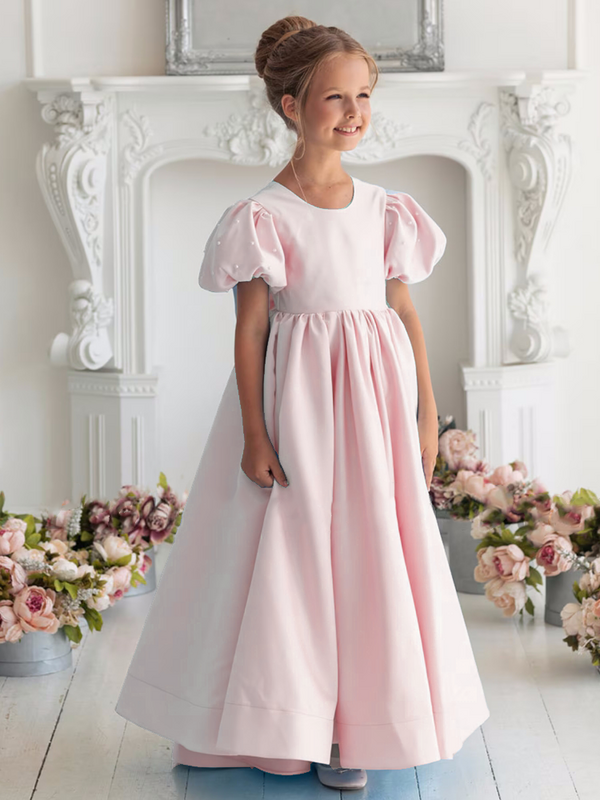 Abiti da ragazza di fiori in raso rosa solido con fiocco perla manica corta per abiti da principessa per banchetti per feste di compleanno di nozze