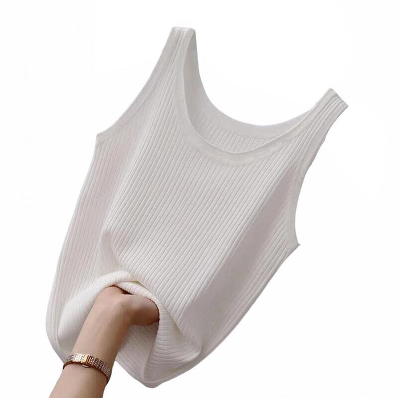 Damska kamizelka z lodowego jedwabiu Letnie podkoszulki dla kobiet O-neck Slim Fit Ribbed Vest Ice Silk Fabric Solid Color Pullover Streetwear