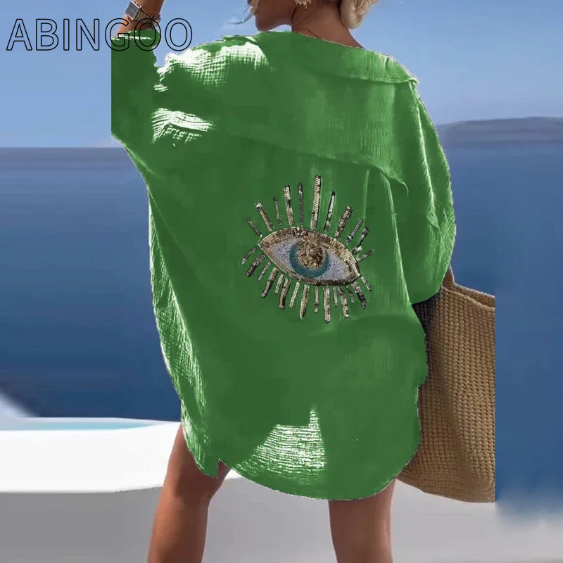 ABINGOO-Camisa Feminina de Lantejoulas Casual Mau Olho, Top Branco, Proteção Solar, Linho de Algodão, Blusa Plus Solta, Moda Praia, Mulher
