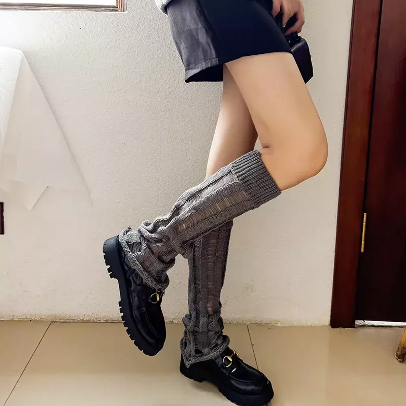 Ripped Leg Warmers Women's JK Stockings High Tube Hosiery Punk Streetwear Accessories Cut Out Breathable Long Socks