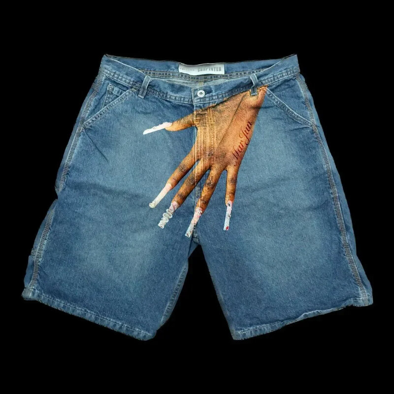 American street hiphop palm finger personalized print Harajuku hip hop plus size pattern retro loose denim shorts retro jeans