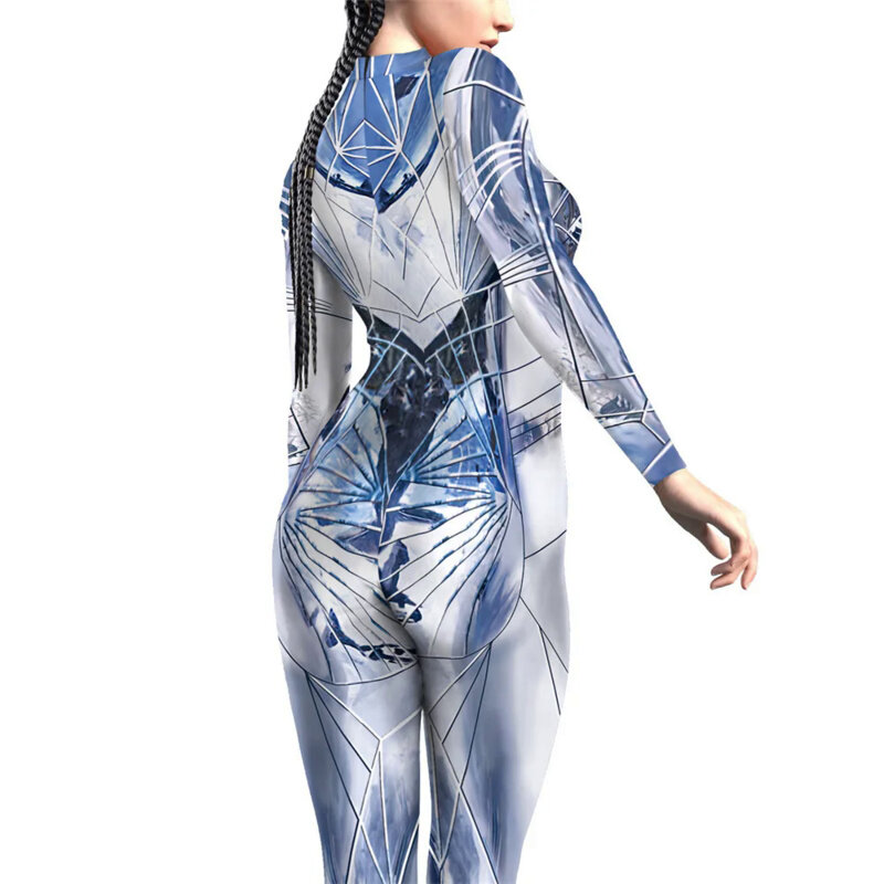 FCCEXIO Glass Fragment Print Catsuit Woman Zipper Sexy Jumpsuit Zentai Bodysuit Party Costume Female Cosplay Outfit Monos Mujer
