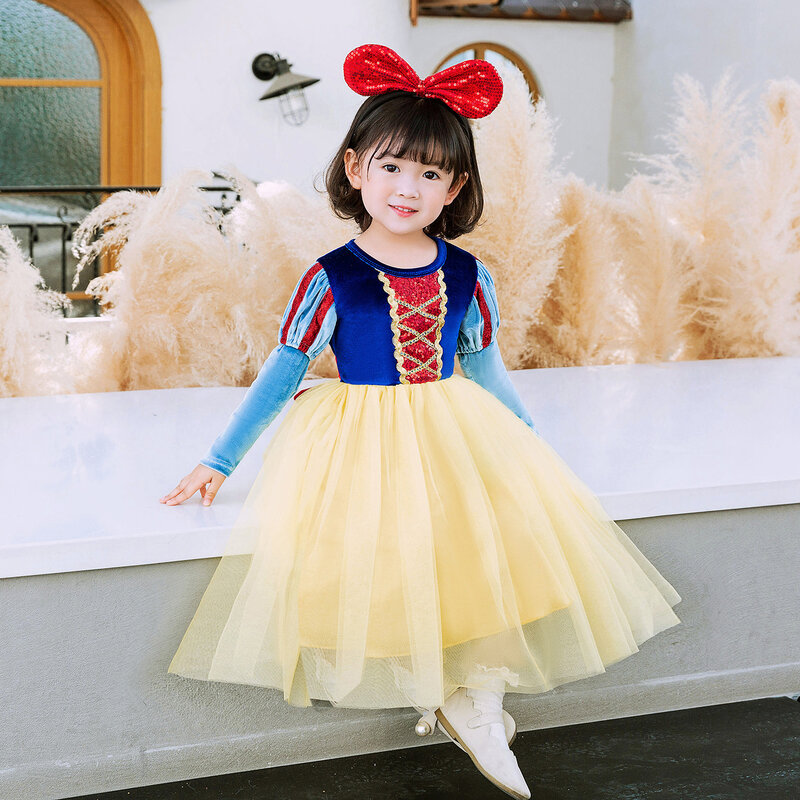 Princess Dress Girl Snow White Cosplay Costume Long Sleeve Velvet Gown Carnival Fancy Outfits Christmas Party Disguise Frock
