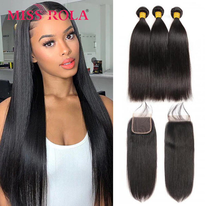 Miss Rola – mèches malaisiennes Remy 100% naturelles, cheveux lisses, couleur naturelle, 4x4, avec Lace Closure, lots de 3
