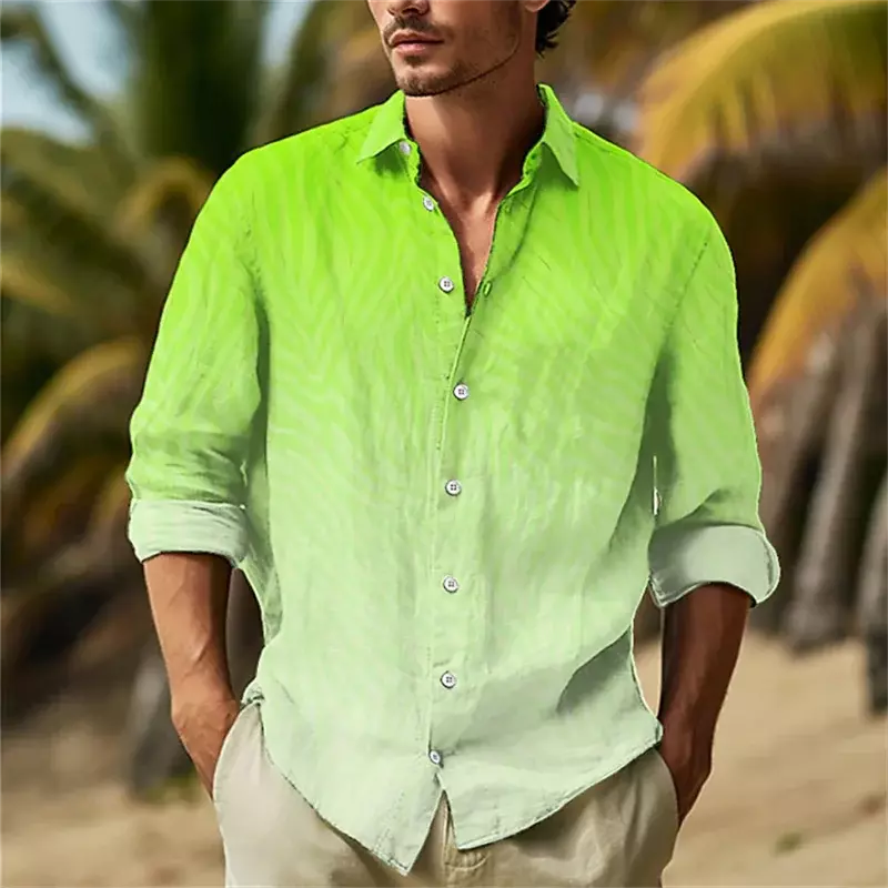Camisa masculina com gola gradiente, roupa de botões, manga comprida, respirável, casual, designer, respirável, cinza, azul, amarelo, ao ar livre, moda de rua