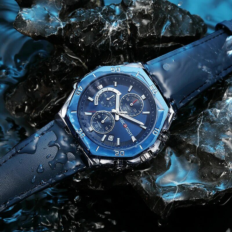 AOCASDIY jam tangan kronograf pria, arloji quartz komersial tali kulit, jam tangan olahraga tahan air
