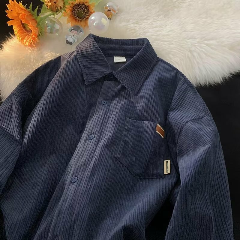 Y2K Clothes Men's Corduroy Long Sleeve Shirts Korean Basic shirt Checker Blouses Manga Festival Flannel Jackets Streetwear Loose
