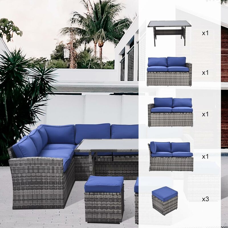 Outdoor Sectional Couch Sofa with Dining Table and Chair,All Weather PE Wicker Rattan with Ottoman for Pool Garden Backyard