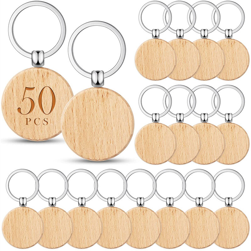 50 قطعة سلاسل مفاتيح خشبية مستديرة الخشب مفتاح سلسلة العلامات لرسم شخصية مفتاح خواتم لتقوم بها بنفسك العلامات مفتاح الحرفية