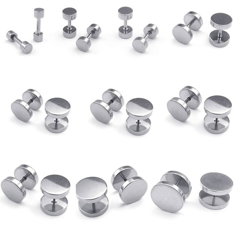 Jewelry Men Earrings, Circle Ear Studs, 6mm 2 Pair, Black Silver - Stainless Steel