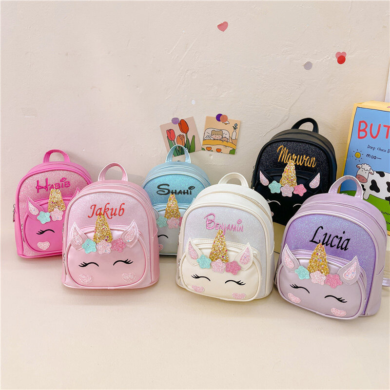 Mochila de unicornio bordada personalizada, mochila escolar con nombre personalizado, bonita mochila de dibujos animados para niños y niñas, mochila de PU para exteriores