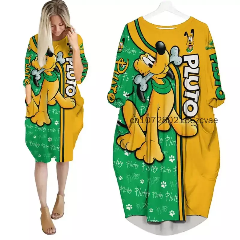 Disney Pluto Oversize Long Sleeves Pocket Dress Disney Cartoon Batwing Pocket Dress Women's Fashion Versatile Loose Party Dress